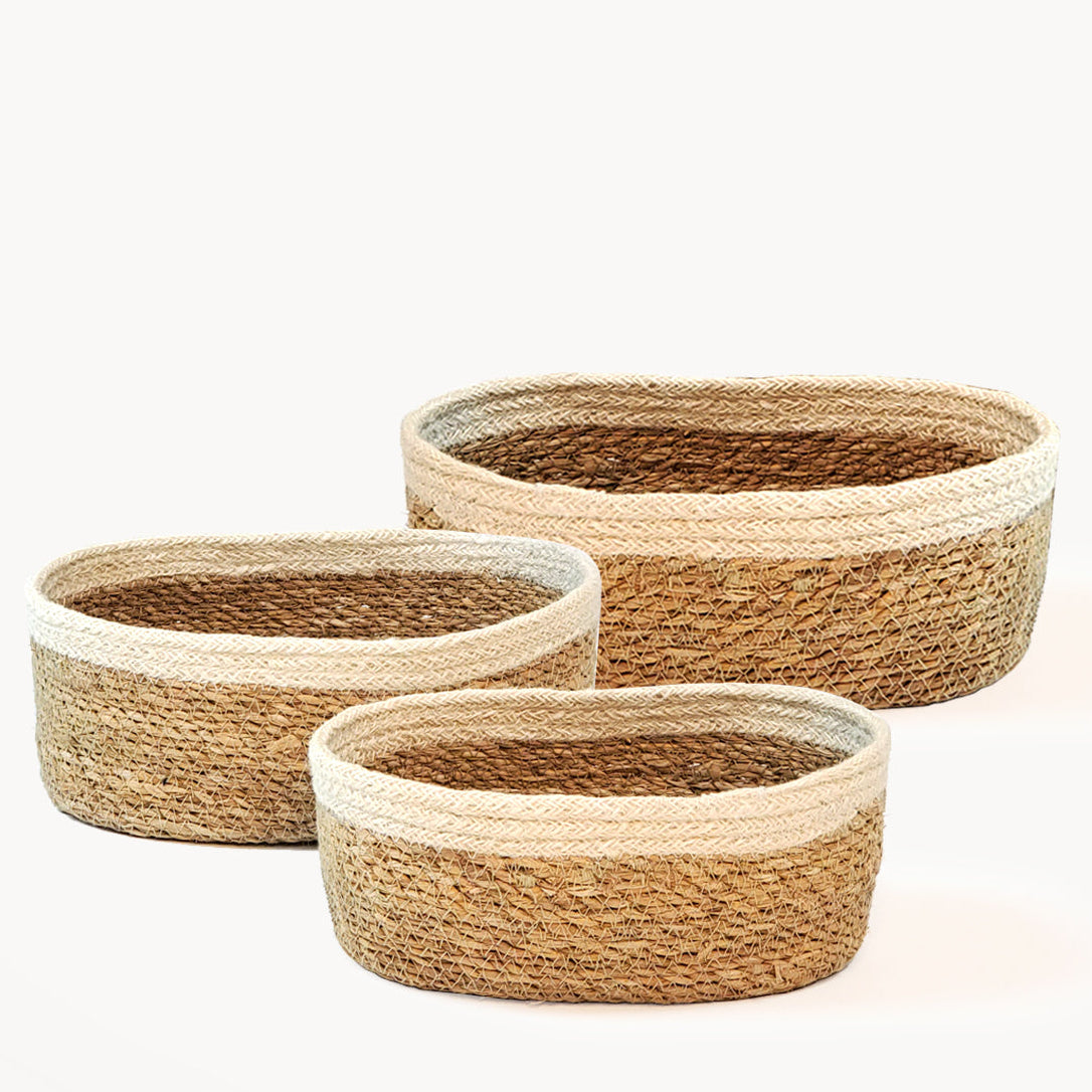 Small seagrass and jute handwoven countertop oval storage baskets