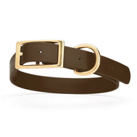 dark brown and gold biothane waterproof dog and cat collar with brass metal buckle hardware in size large that's 1 inch wide and looks like vegan faux leather.