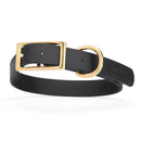 black and gold biothane waterproof dog and cat collar with brass metal buckle hardware in size extra large that's 1 inch wide, 22-25" long and looks like vegan faux leather.