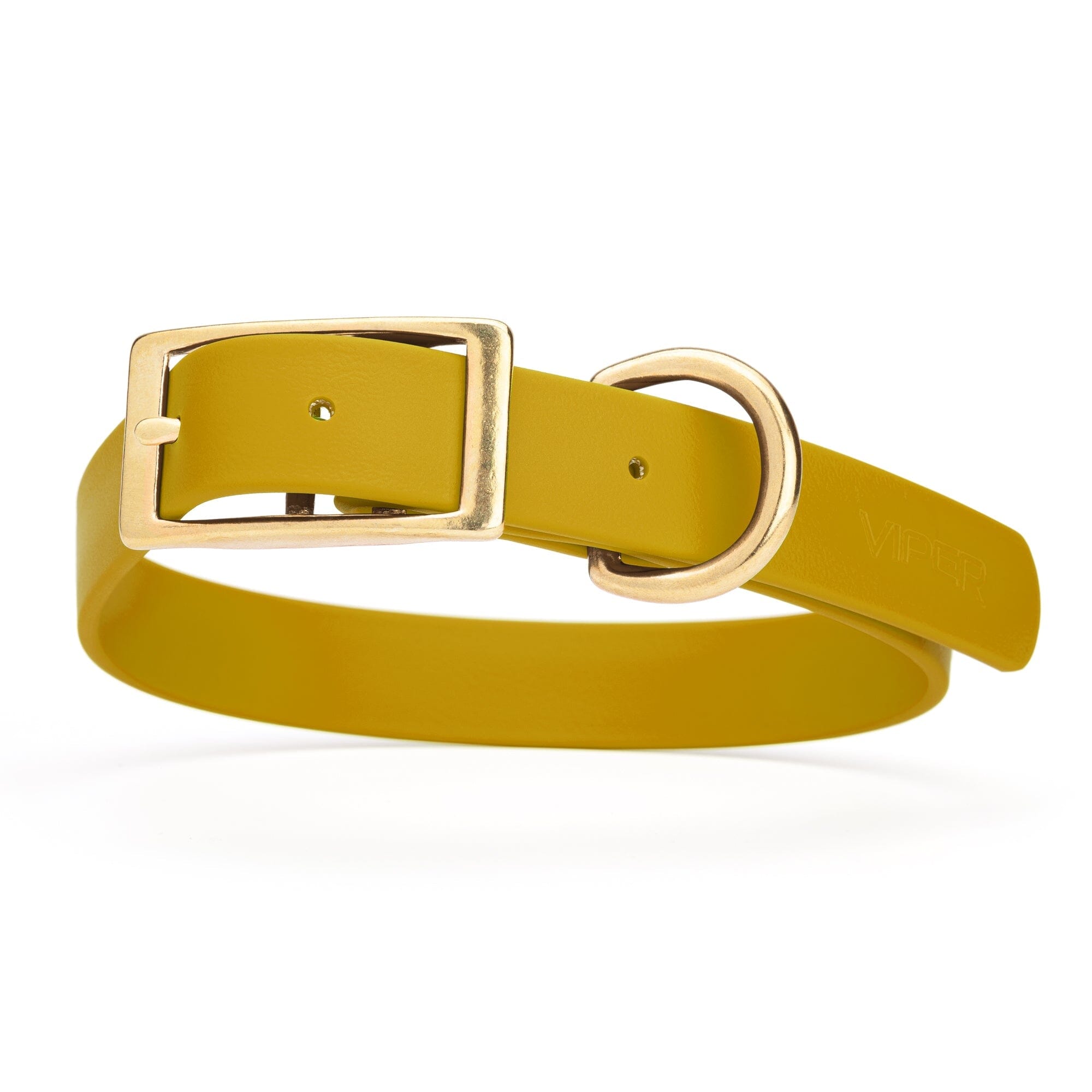 mustard yellow/chartreuse and gold biothane waterproof dog and cat collar with brass metal buckle hardware in size large that's 1 inch wide and looks like vegan faux leather.