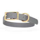 gray and gold biothane waterproof dog and cat collar with brass metal buckle hardware in size extra large that's 1 inch wide, 22-25" long and looks like vegan faux leather.