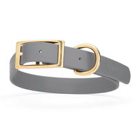 gray and gold biothane waterproof dog and cat collar with brass metal buckle hardware in size extra large that's 1 inch wide, 22-25" long and looks like vegan faux leather.