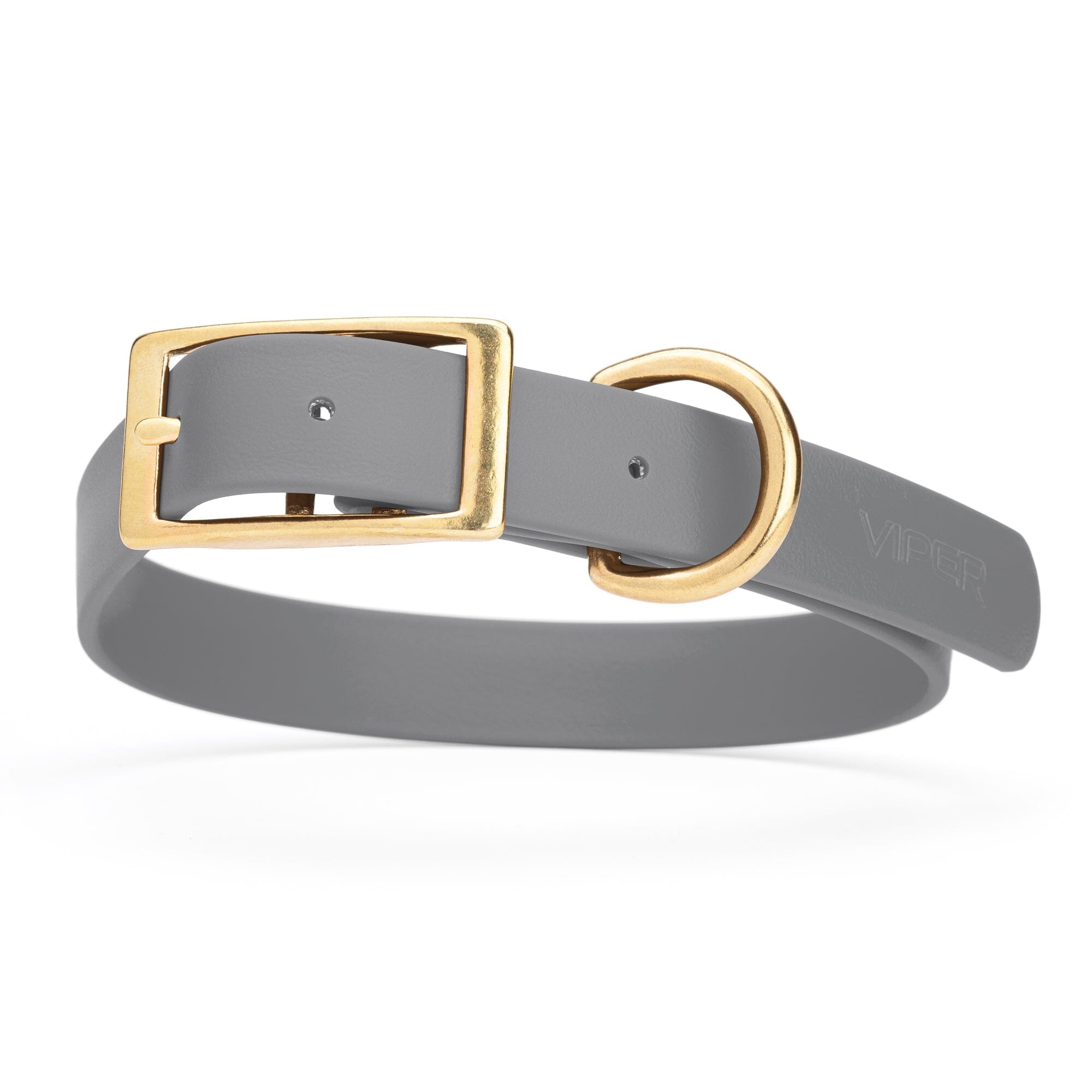 gray and gold biothane waterproof dog and cat collar with brass metal buckle hardware in size extra large that's 1 inch wide, 22-25" long and looks like vegan faux leather.