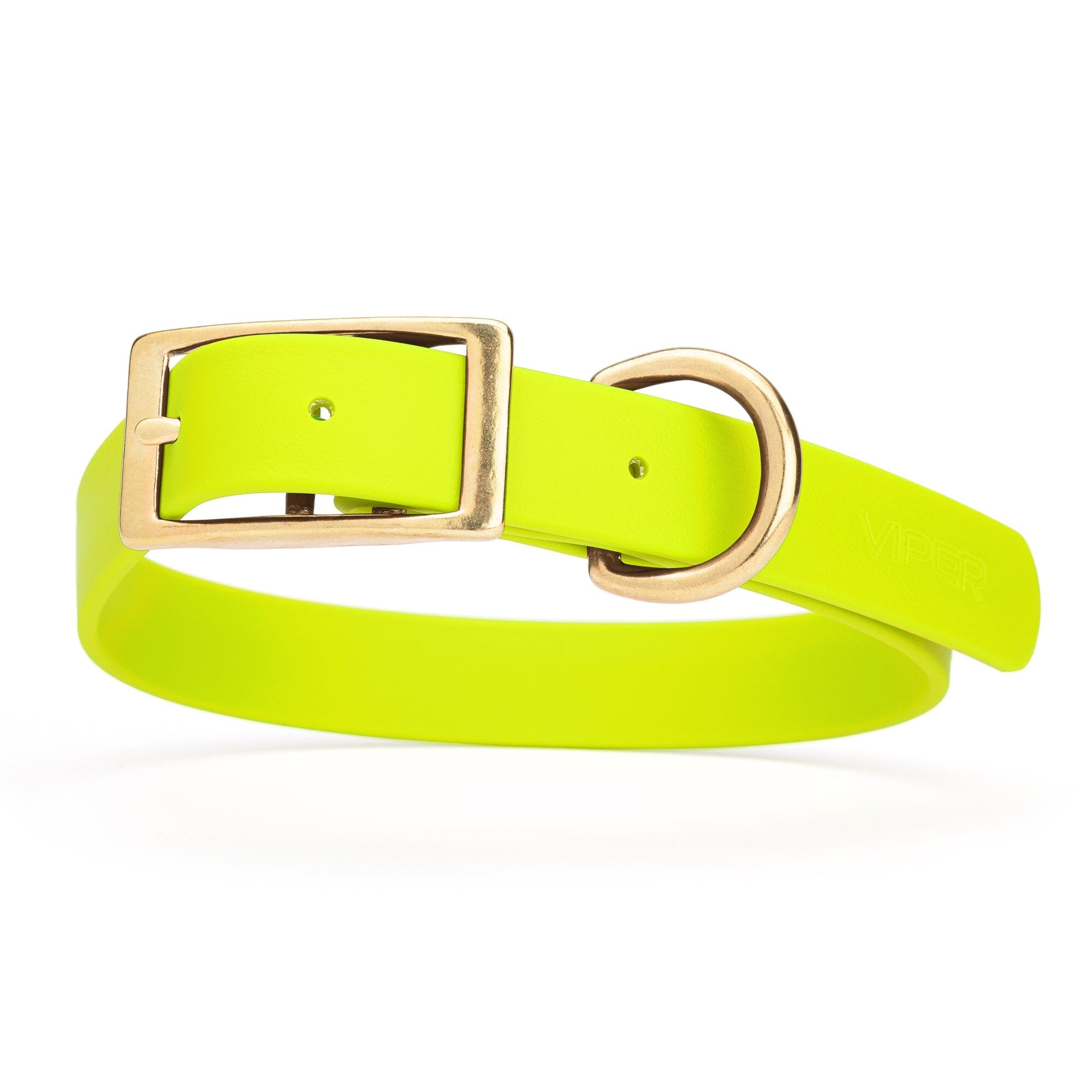 safety neon yellow and gold biothane waterproof dog and cat collar with brass metal buckle hardware in size large that's 1 inch wide and looks like vegan faux leather.