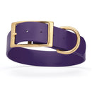dark purple and gold biothane waterproof dog and cat collar with brass metal buckle hardware in size XXL that's 1.5 inches wide, 24-28" long and looks like vegan faux leather.