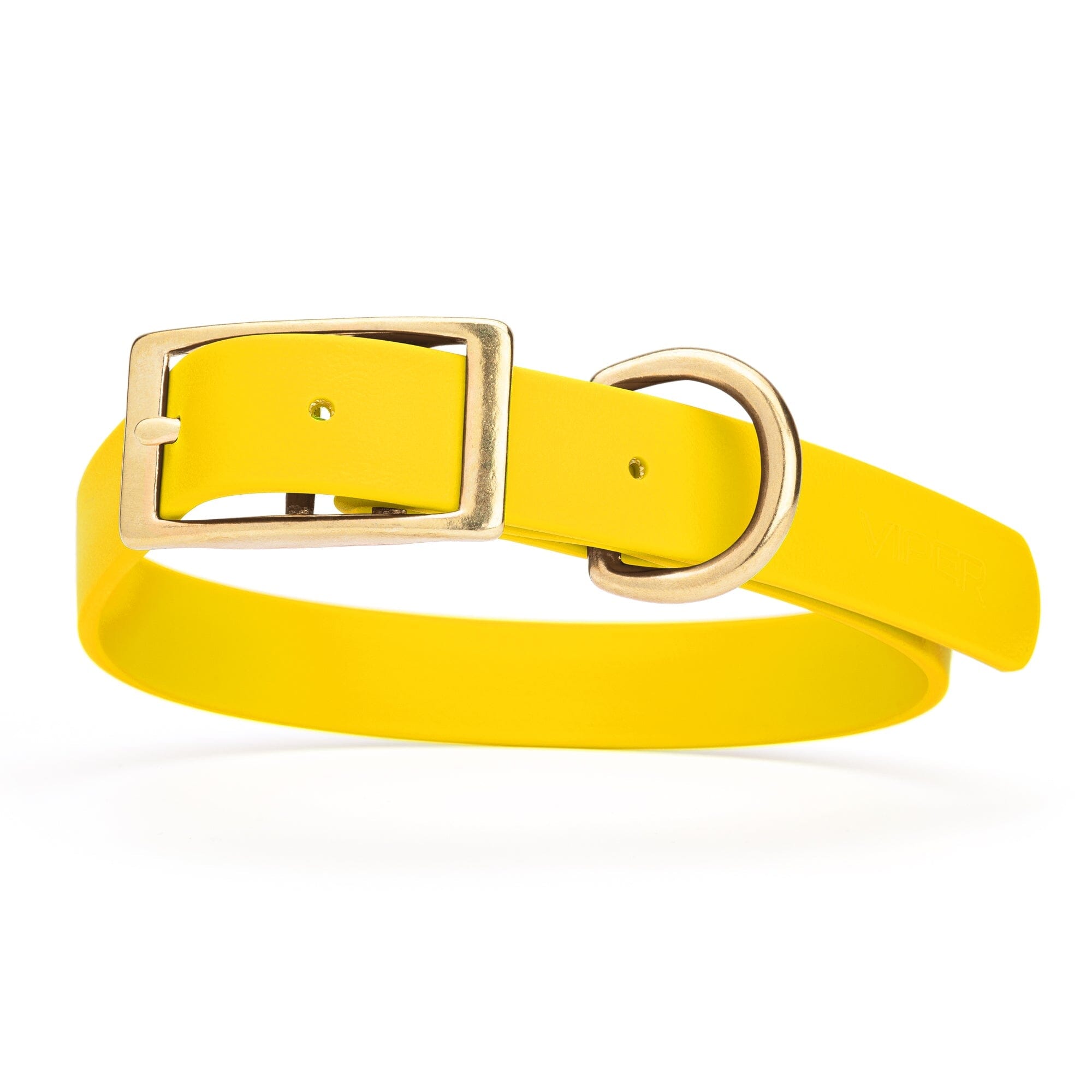 yellow and gold biothane waterproof dog and cat collar with brass metal buckle hardware in size extra large that's 1 inch wide, 22-25" long and looks like vegan faux leather.