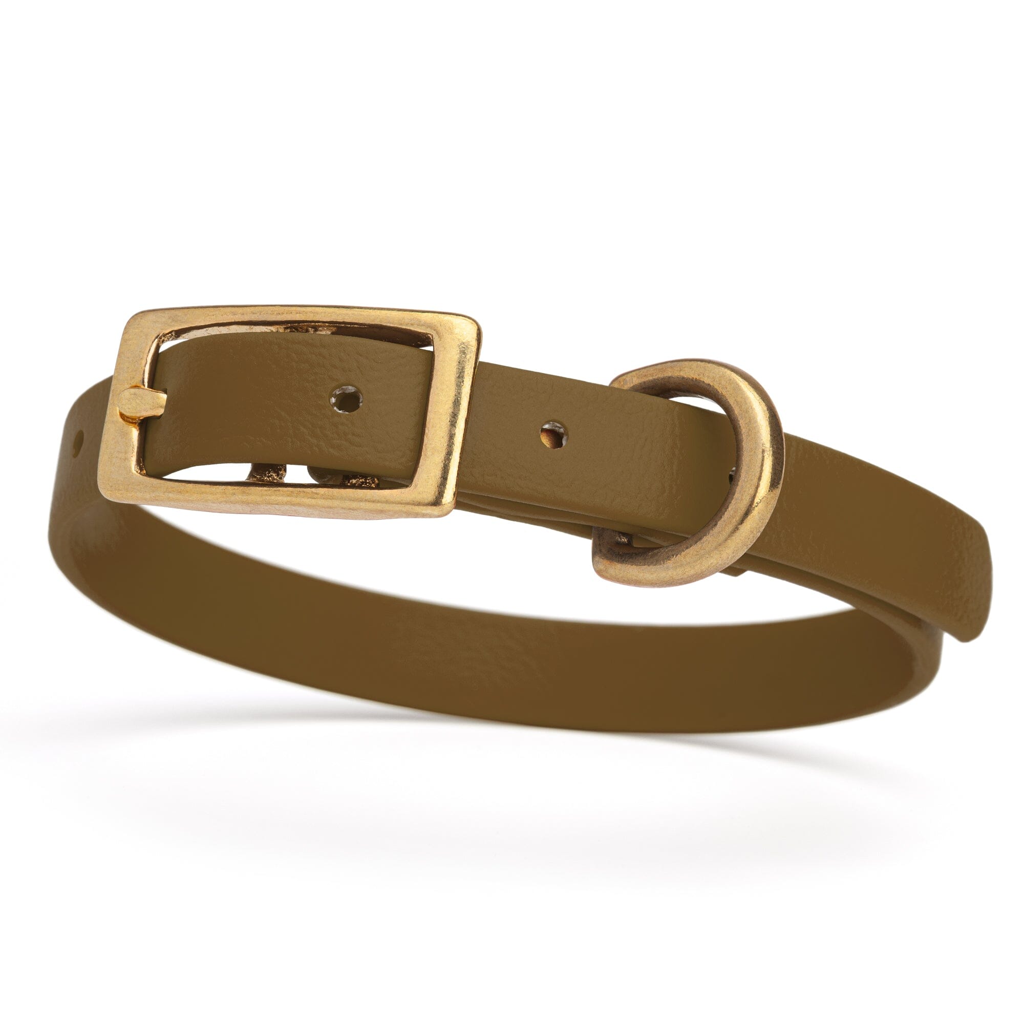 cocoa mocha brown and gold biothane waterproof dog and cat collar with brass metal buckle hardware in size extra small that's a 1/2 inch wide and looks like vegan faux leather.