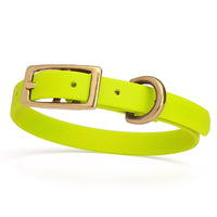 safety/neon yellow and gold biothane waterproof dog and cat collar with brass metal buckle hardware in size extra small that's a 1/2 inch wide and looks like vegan faux leather.