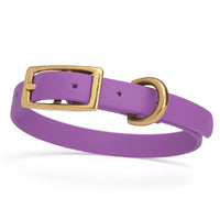 lilac purple and gold biothane waterproof dog and cat collar with brass metal buckle hardware in size extra small that's a 1/2 inch wide and looks like vegan faux leather.