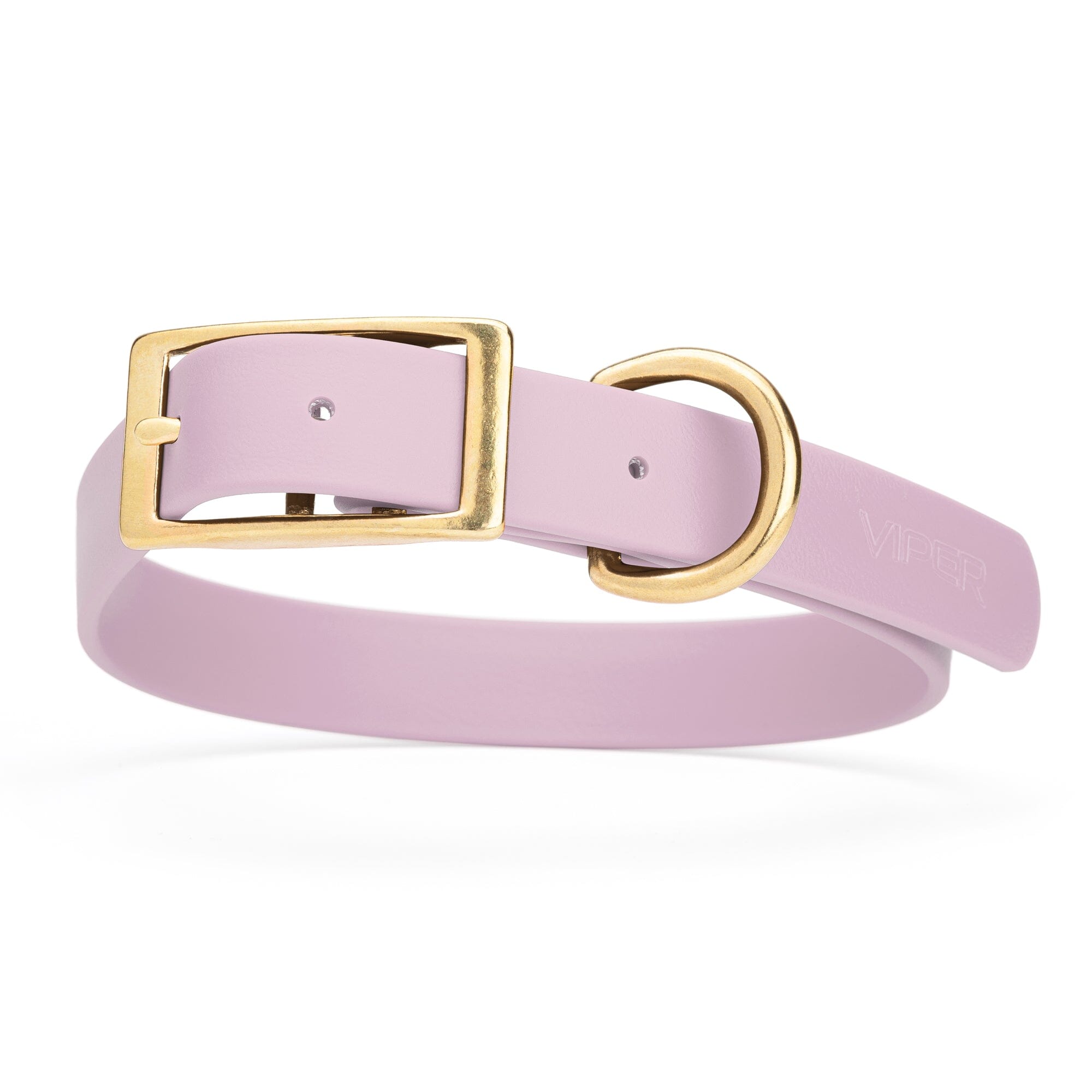 lavender/light purple and gold biothane waterproof dog and cat collar with brass metal buckle hardware in size large that's 1 inch wide and looks like vegan faux leather.