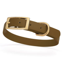 mocha brown and gold biothane waterproof dog and cat collar with brass metal buckle hardware in size small that's 5/8 inch wide and looks like vegan faux leather.