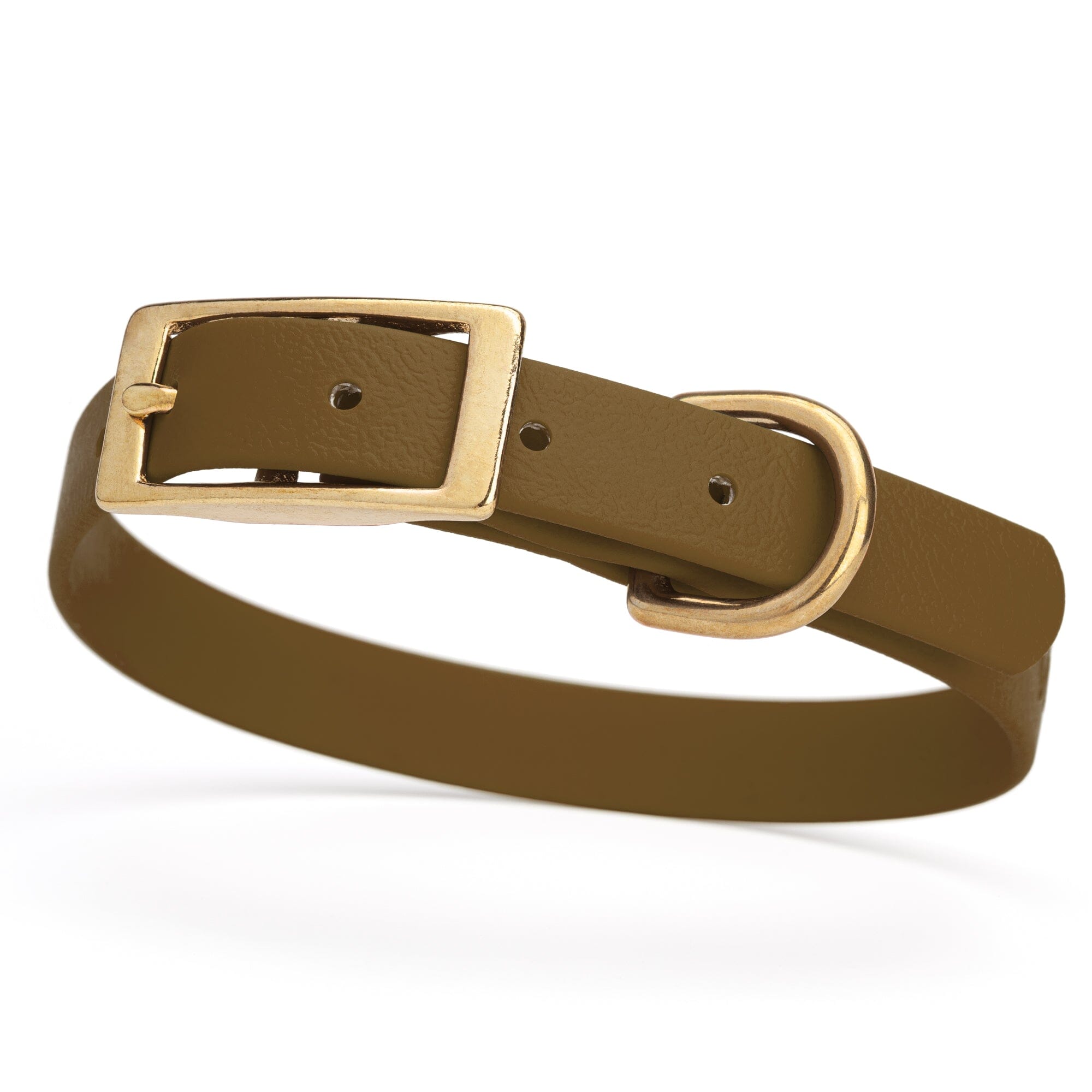 mocha brown and gold biothane waterproof dog and cat collar with brass metal buckle hardware in size small that's 5/8 inch wide and looks like vegan faux leather.