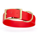 cherry red and gold biothane waterproof dog and cat collar with brass metal buckle hardware in size XXL that's 1.5 inches wide, 24-28" long and looks like vegan faux leather.
