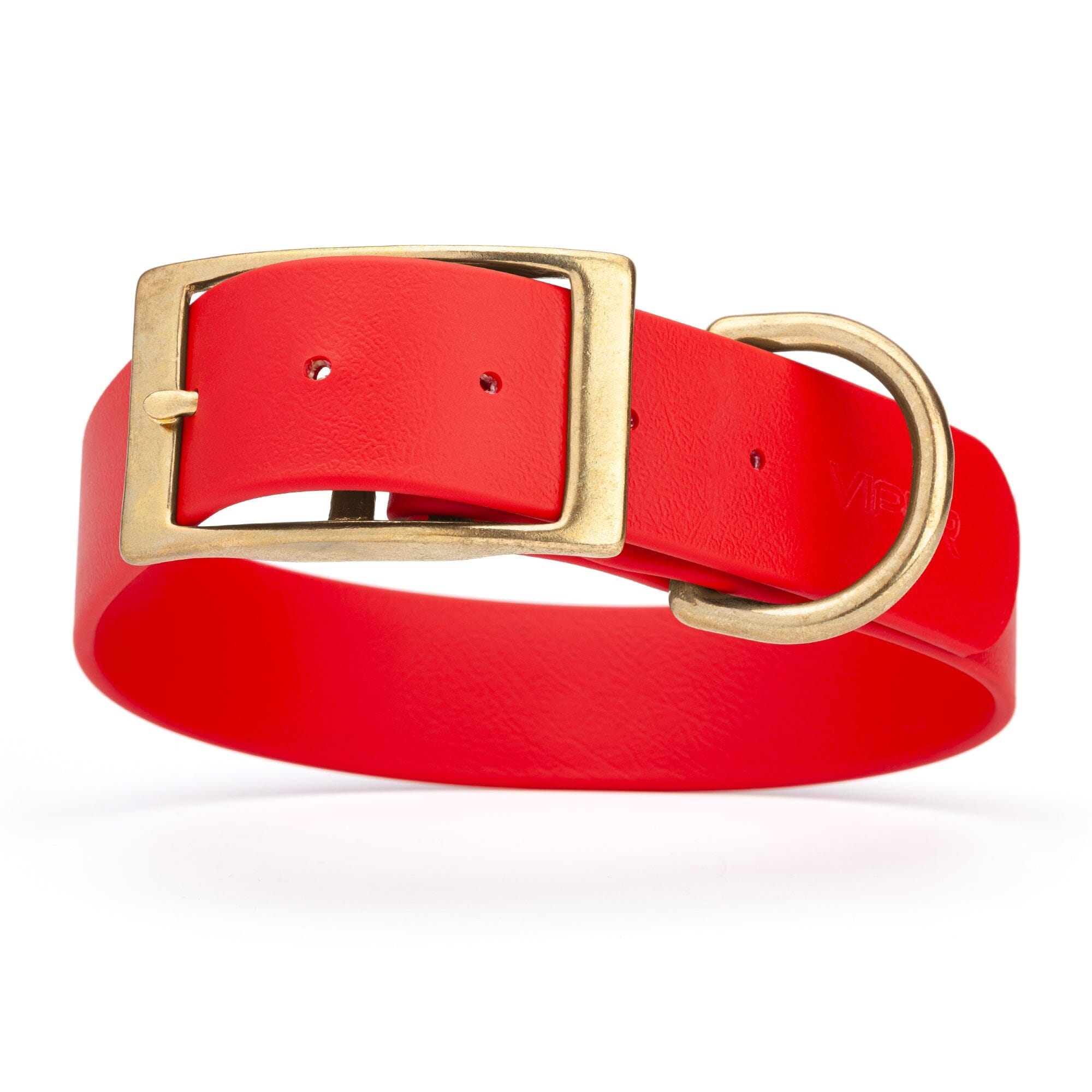 cherry red and gold biothane waterproof dog and cat collar with brass metal buckle hardware in size XXL that's 1.5 inches wide, 24-28" long and looks like vegan faux leather.