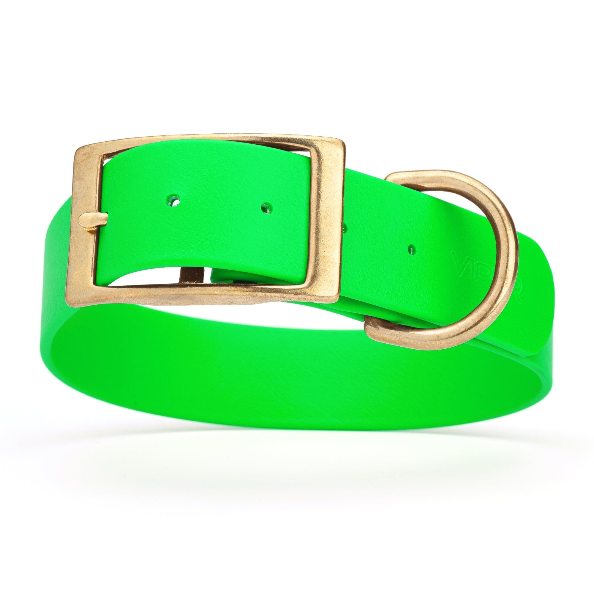 neon green biothane waterproof dog and cat collar with brass metal buckle hardware in size XXL that's 1.5 inches wide, 24-28" long and looks like vegan faux leather.