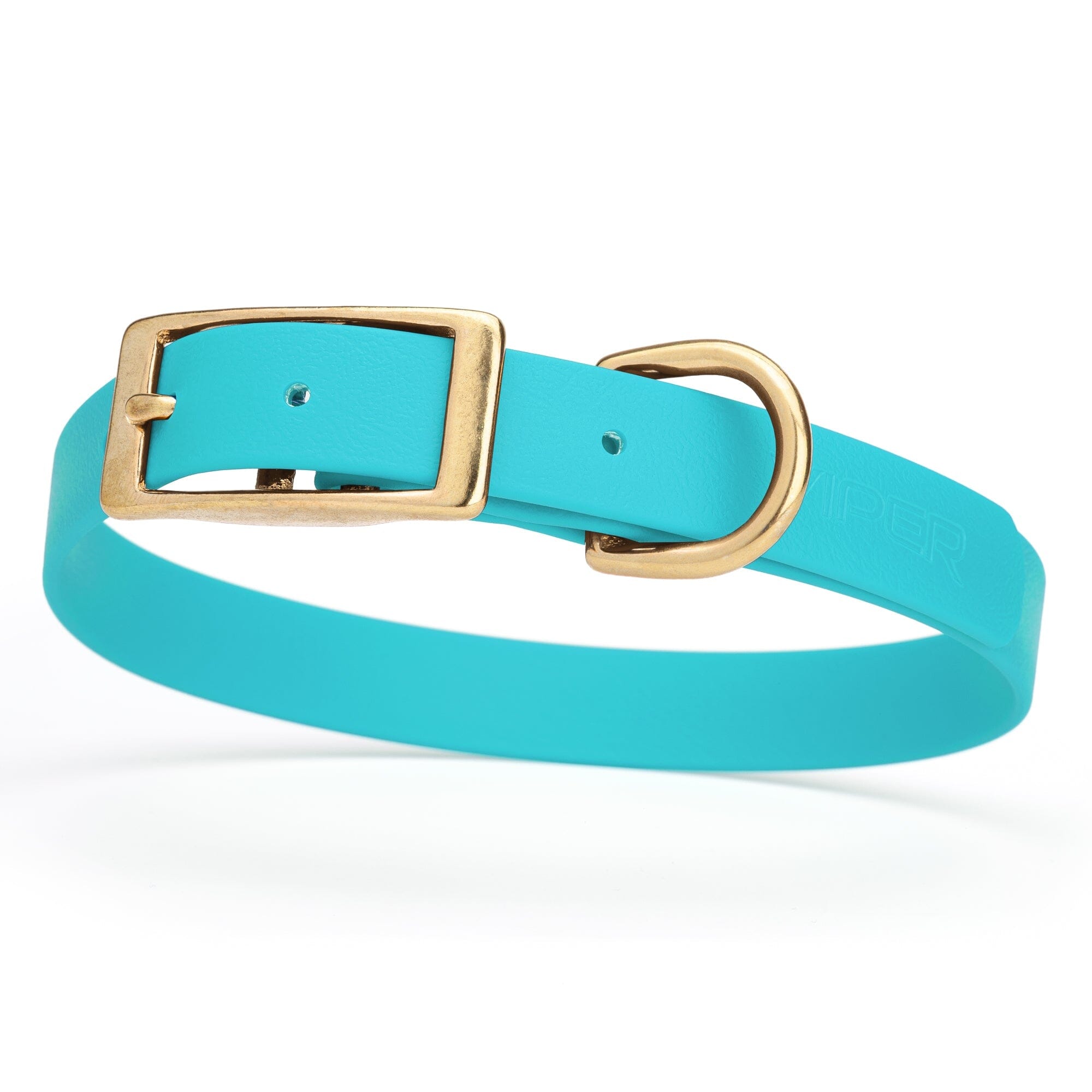turquoise/aqua blue and gold biothane waterproof dog and cat collar with brass metal buckle hardware in size medium that's 3/4 inch wide and looks like vegan faux leather.