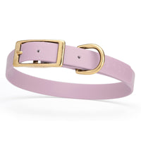 pastel purple/lavender and gold biothane waterproof dog and cat collar with brass metal buckle hardware in size medium that's 3/4 inch wide and looks like vegan faux leather.
