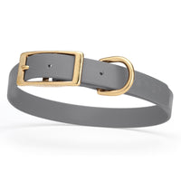 gray and gold biothane waterproof dog and cat collar with brass metal buckle hardware in size medium that's 3/4 inch wide and looks like vegan faux leather.