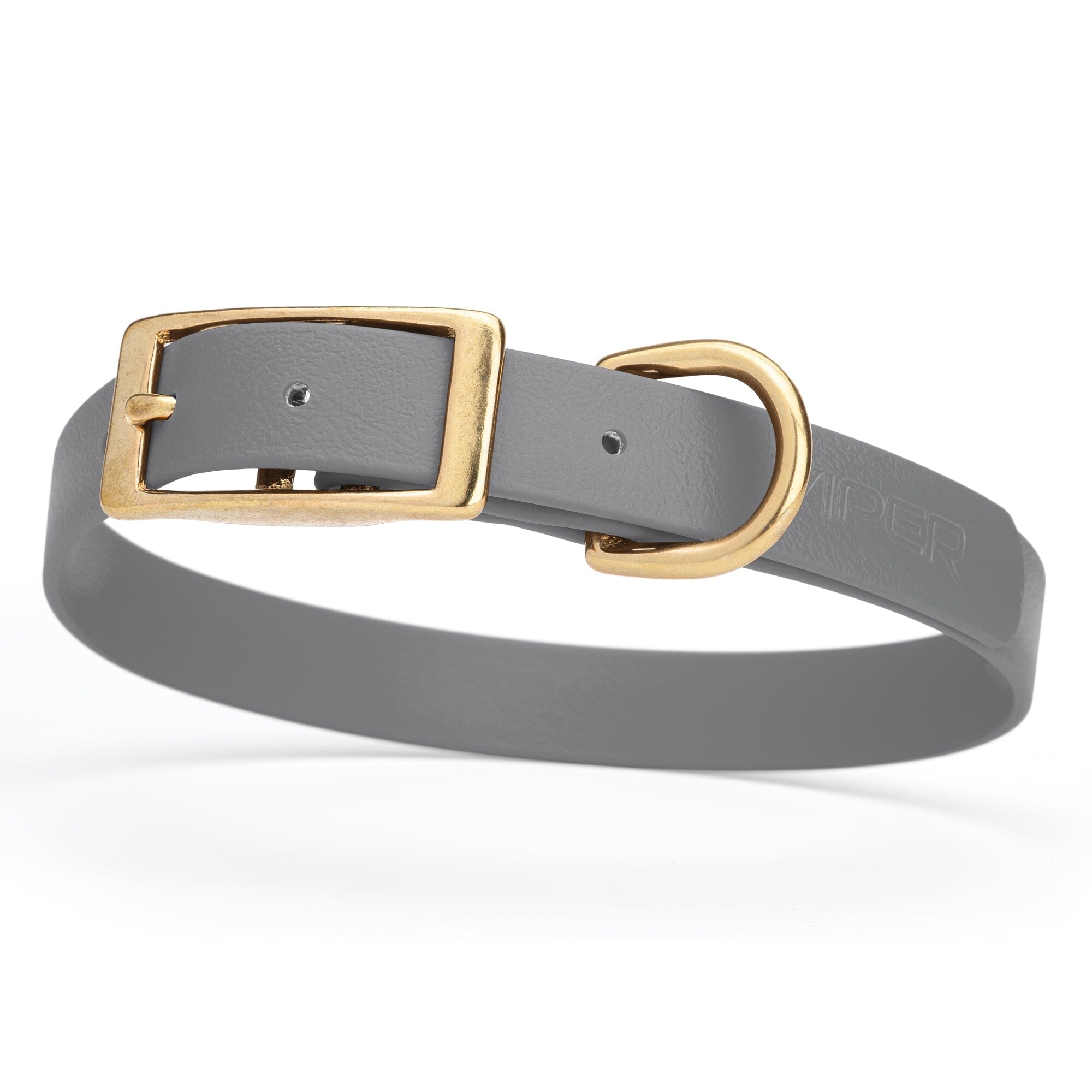 gray and gold biothane waterproof dog and cat collar with brass metal buckle hardware in size medium that's 3/4 inch wide and looks like vegan faux leather.