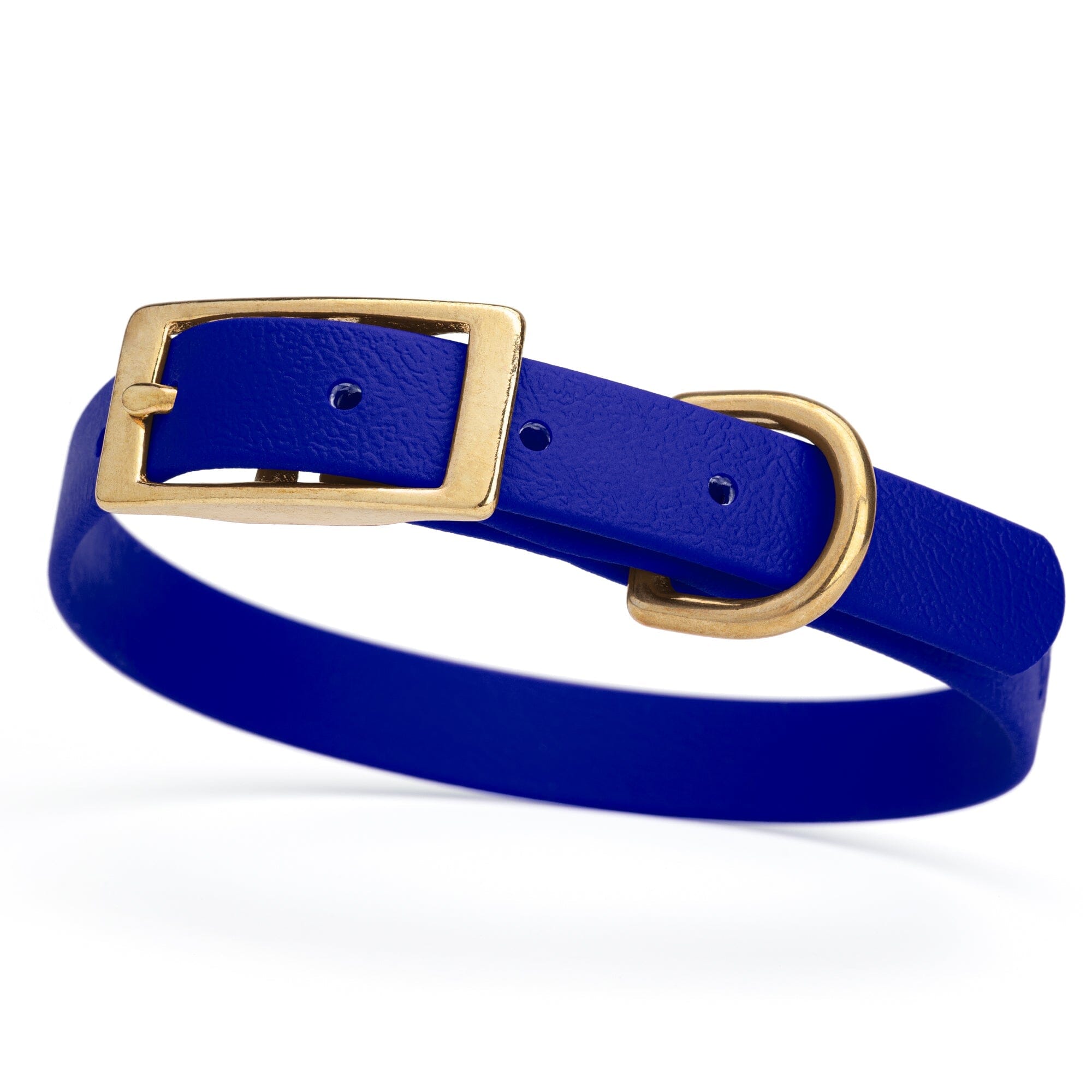dark royal blue and gold biothane waterproof dog and cat collar with brass metal buckle hardware in size small that's 5/8 inch wide and looks like vegan faux leather.