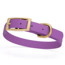 lilac purple and gold biothane waterproof dog and cat collar with brass metal buckle hardware in size small that's 5/8 inch wide and looks like vegan faux leather.