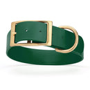 dark green and gold biothane waterproof dog and cat collar with brass metal buckle hardware in size XXL that's 1.5 inches wide, 24-28" long and looks like vegan faux leather.