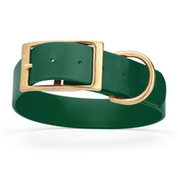 dark green and gold biothane waterproof dog and cat collar with brass metal buckle hardware in size XXL that's 1.5 inches wide, 24-28" long and looks like vegan faux leather.
