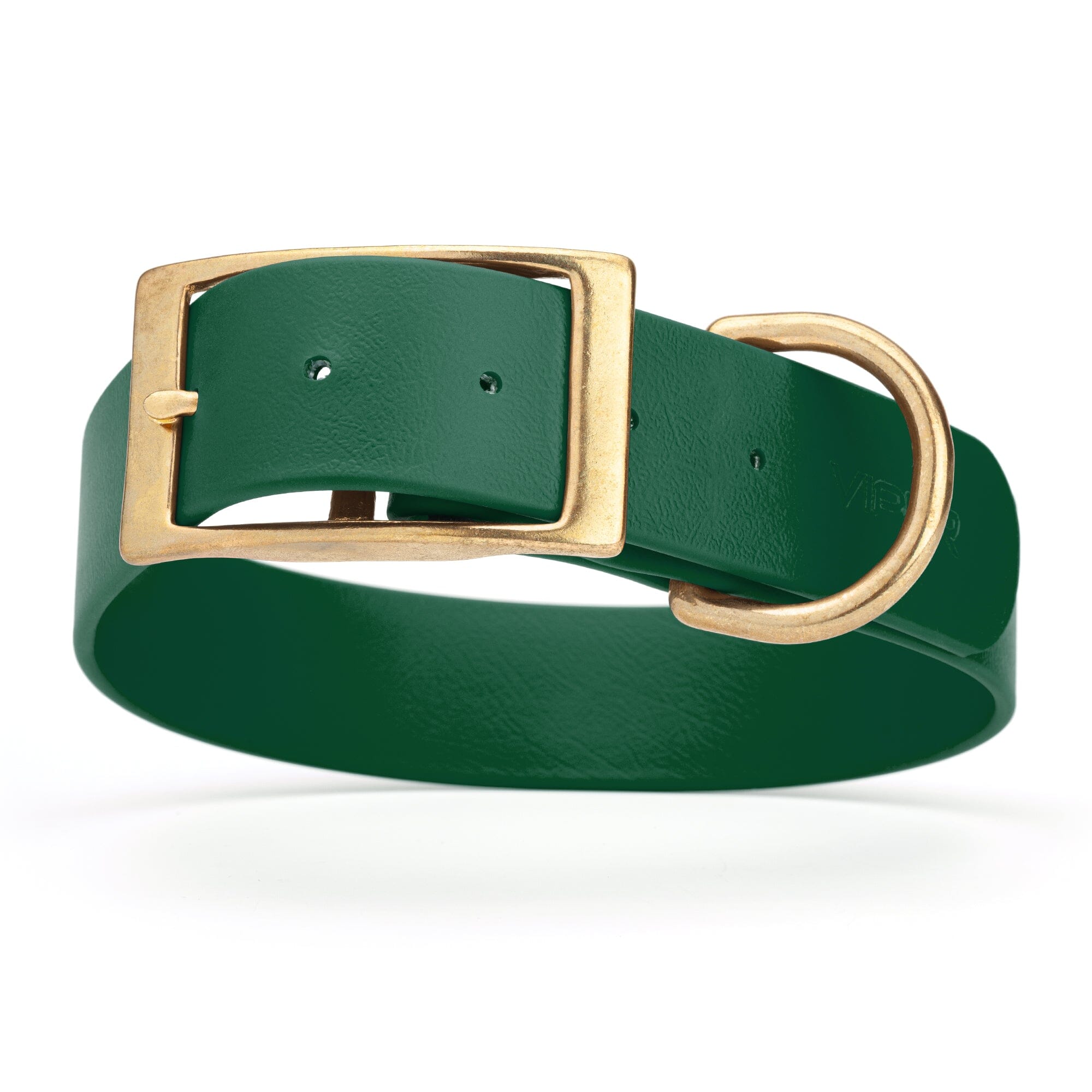 dark green and gold biothane waterproof dog and cat collar with brass metal buckle hardware in size XXL that's 1.5 inches wide, 24-28" long and looks like vegan faux leather.