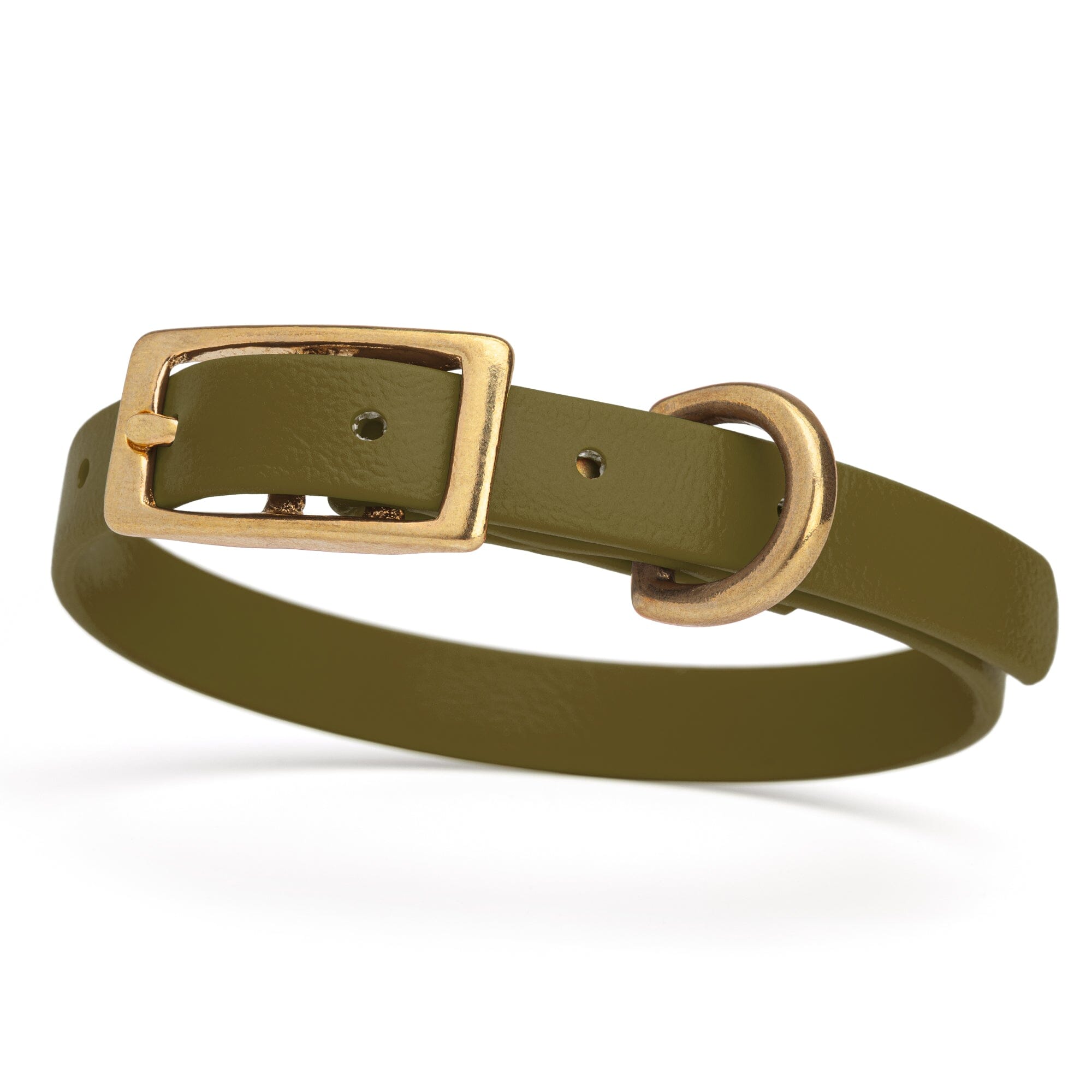 olive drab green and gold biothane waterproof dog and cat collar with brass metal buckle hardware in size extra small that's a 1/2 inch wide and looks like vegan faux leather.