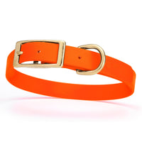 hunter neon orange and gold biothane waterproof dog and cat collar with brass metal buckle hardware in size medium that's 3/4 inch wide and looks like vegan faux leather.