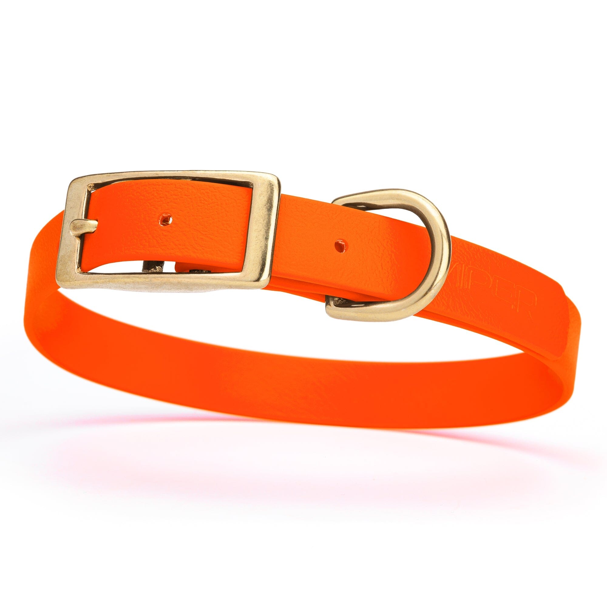 hunter neon orange and gold biothane waterproof dog and cat collar with brass metal buckle hardware in size medium that's 3/4 inch wide and looks like vegan faux leather.