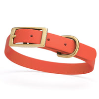 orange/coral/ terracotta and gold biothane waterproof dog and cat collar with brass metal buckle hardware in size small that's 5/8 inch wide and looks like vegan faux leather.