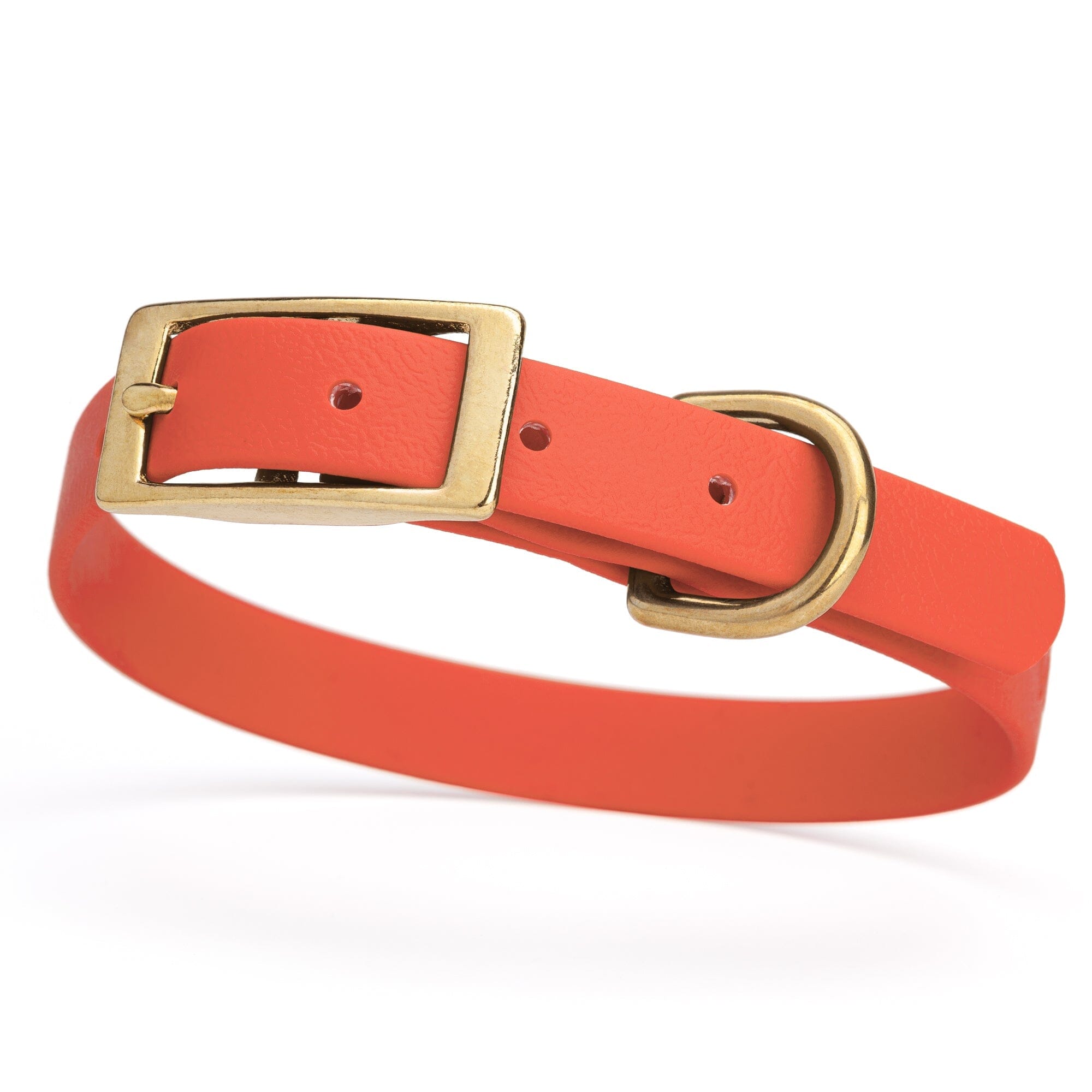 orange/coral/ terracotta and gold biothane waterproof dog and cat collar with brass metal buckle hardware in size small that's 5/8 inch wide and looks like vegan faux leather.