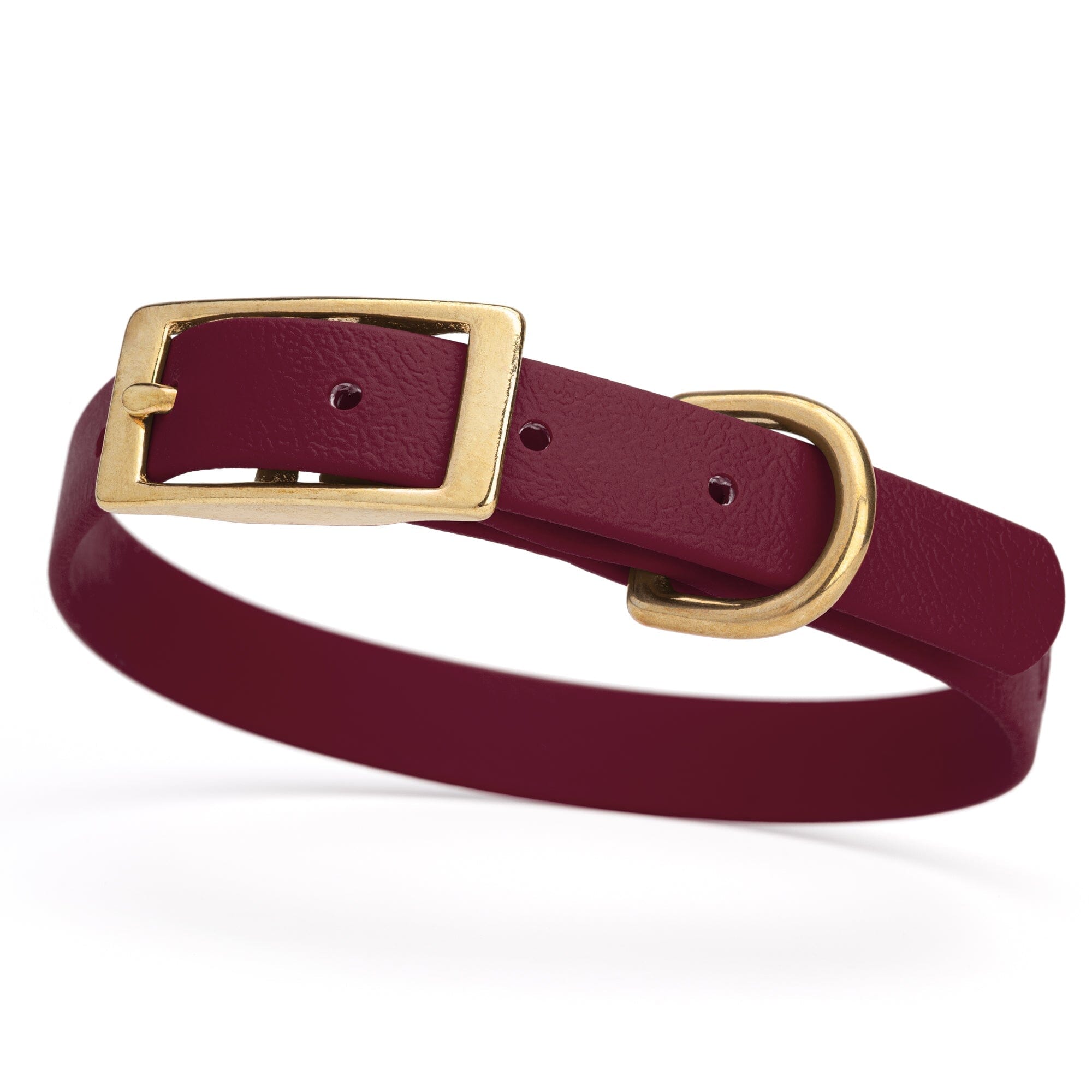 maroon burgundy and gold biothane waterproof dog and cat collar with brass metal buckle hardware in size small that's 5/8 inch wide and looks like vegan faux leather.