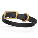 a black and gold biothane waterproof dog and cat collar with brass metal buckle hardware in size extra small that's 1/2 inch wide.