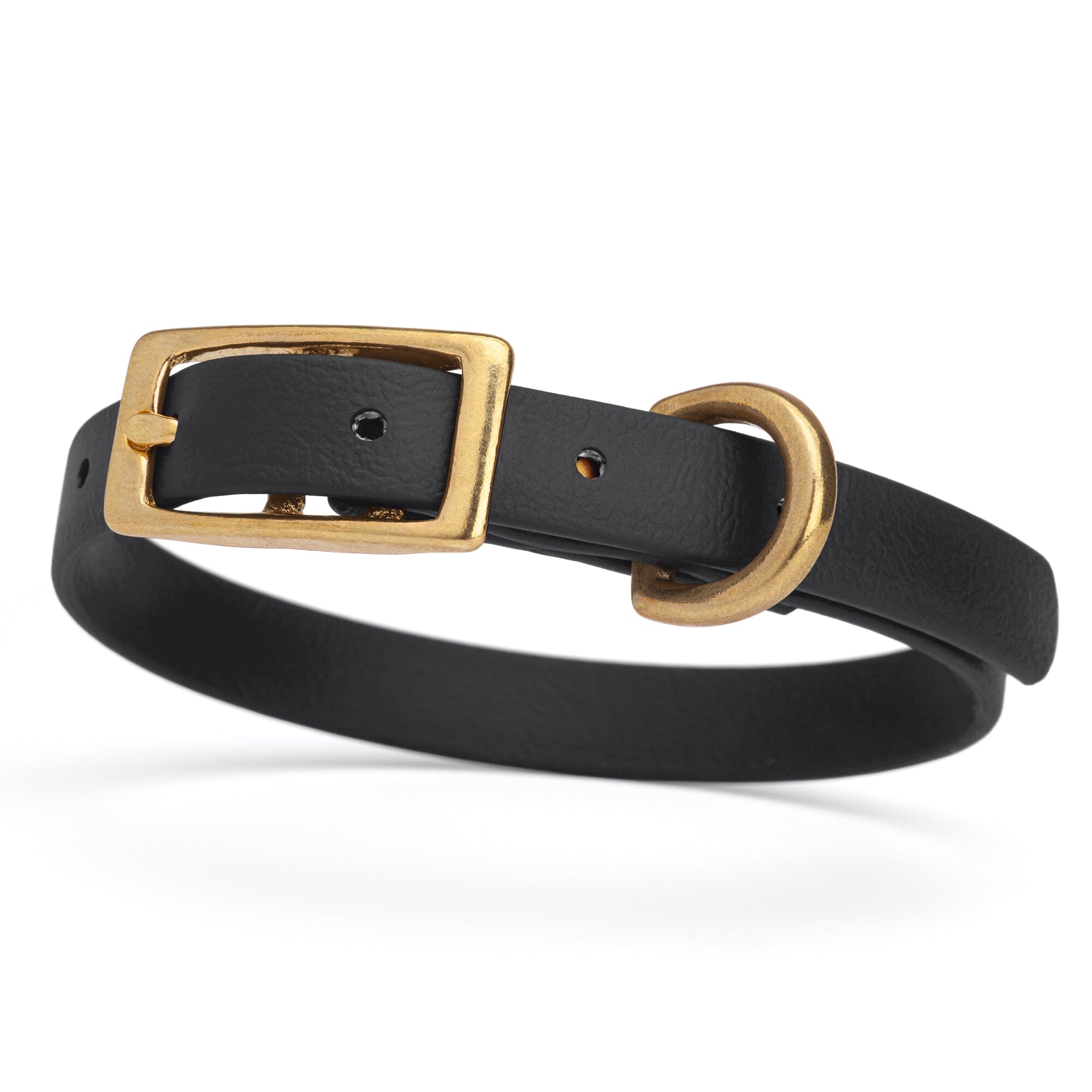 a black and gold biothane waterproof dog and cat collar with brass metal buckle hardware in size extra small that's 1/2 inch wide.