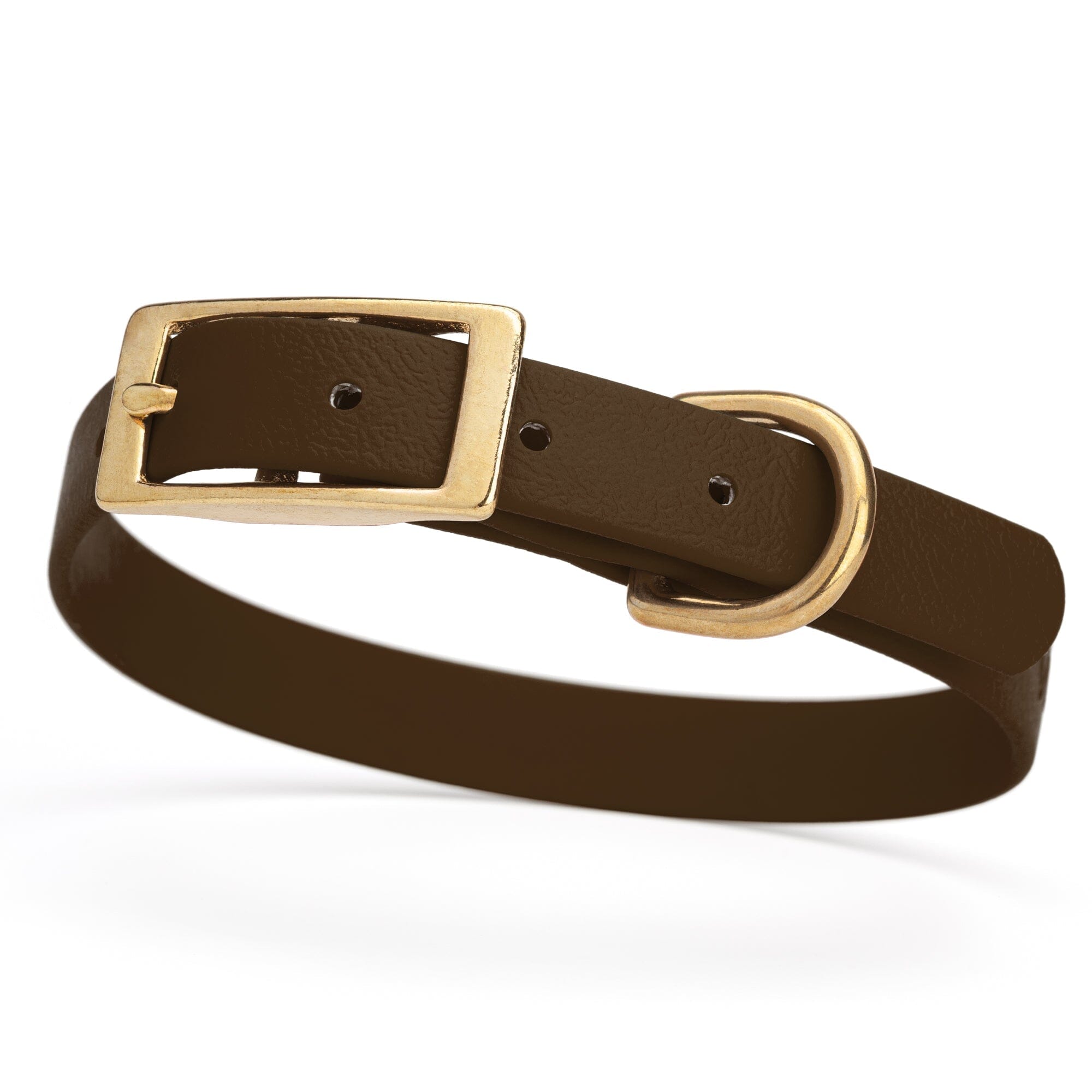dark brown and gold biothane waterproof dog and cat collar with brass metal buckle hardware in size small that's 5/8 inch wide and looks like vegan faux leather.