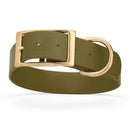 olive green and gold biothane waterproof dog and cat collar with brass metal buckle hardware in size XXL that's 1.5 inches wide, 24-28" long and looks like vegan faux leather.