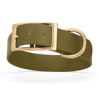 olive green and gold biothane waterproof dog and cat collar with brass metal buckle hardware in size XXL that's 1.5 inches wide, 24-28" long and looks like vegan faux leather.