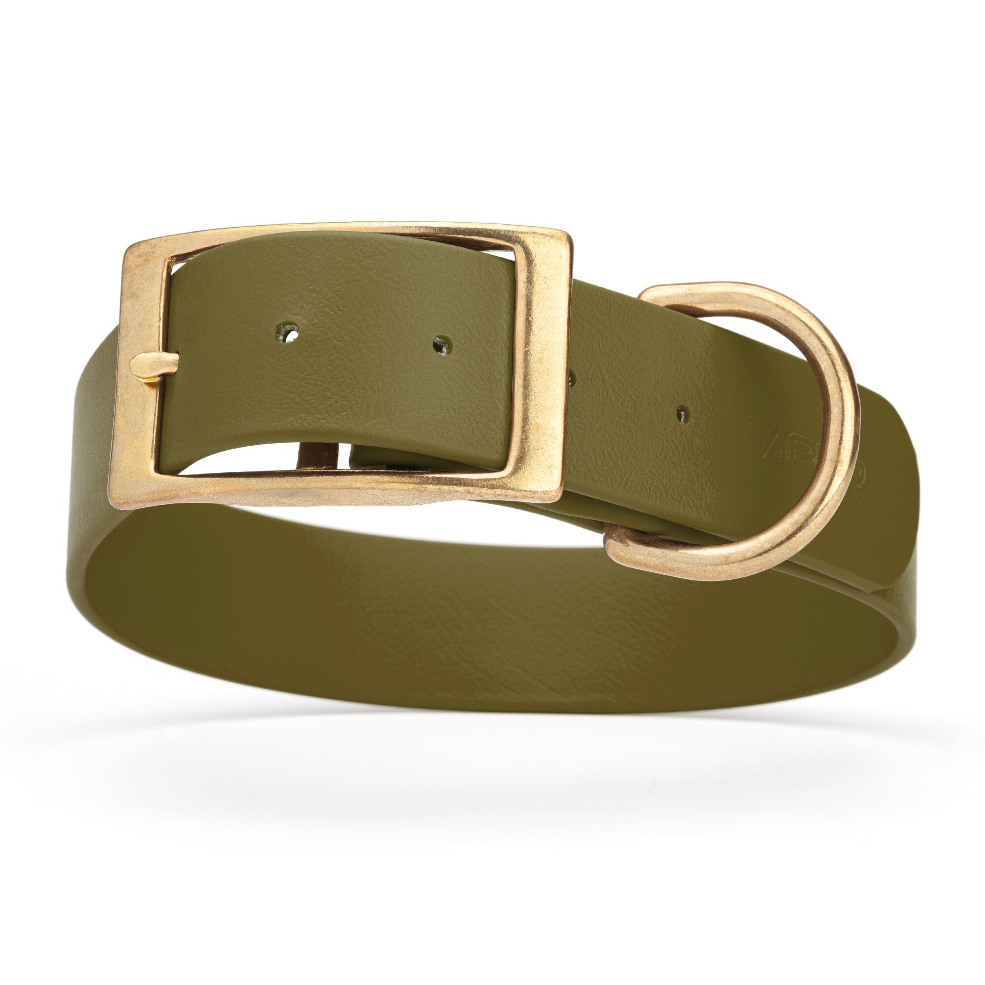 olive green and gold biothane waterproof dog and cat collar with brass metal buckle hardware in size XXL that's 1.5 inches wide, 24-28" long and looks like vegan faux leather.