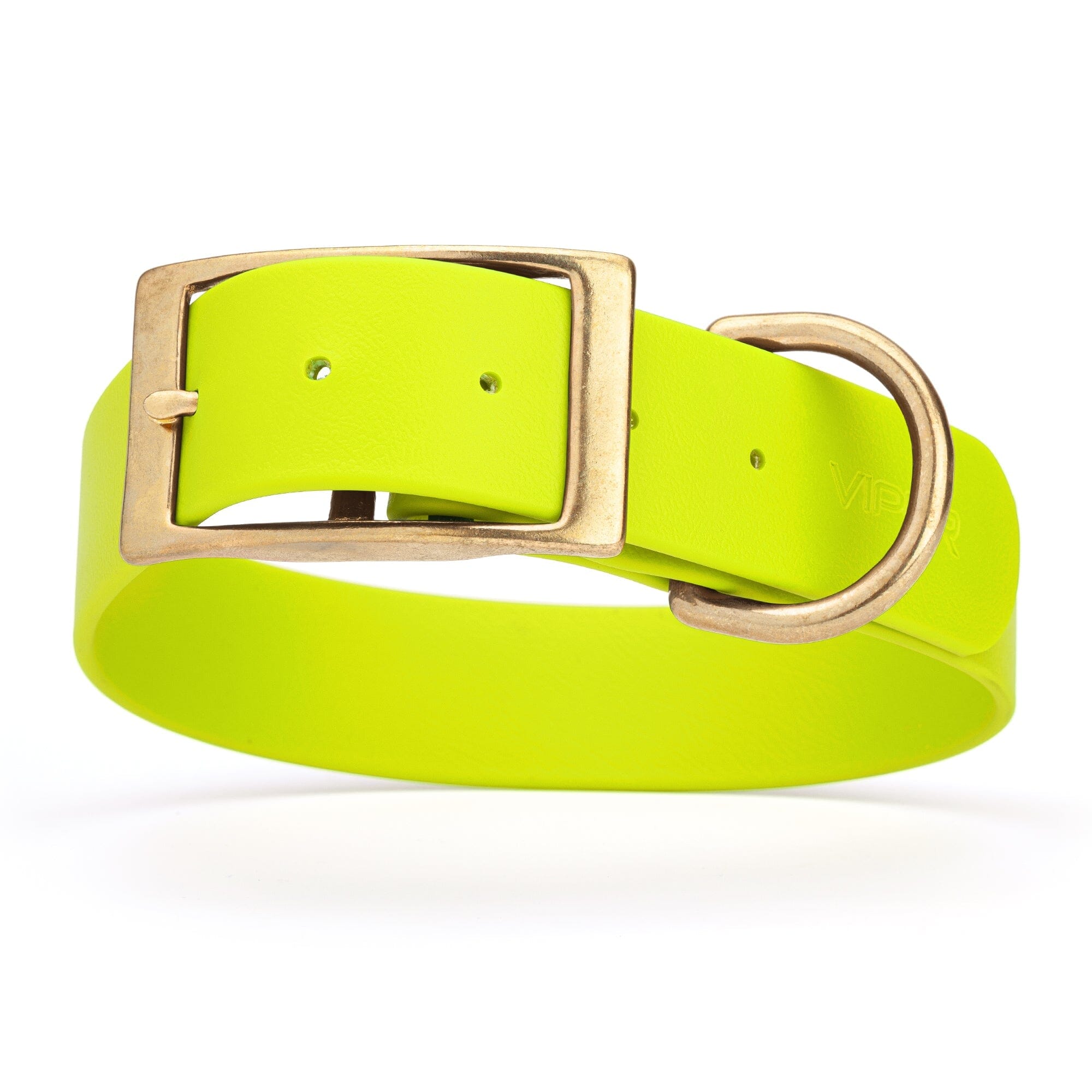 safety neon yellow and gold biothane waterproof dog and cat collar with brass metal buckle hardware in size XXL that's 1.5 inches wide, 24-28" long and looks like vegan faux leather.