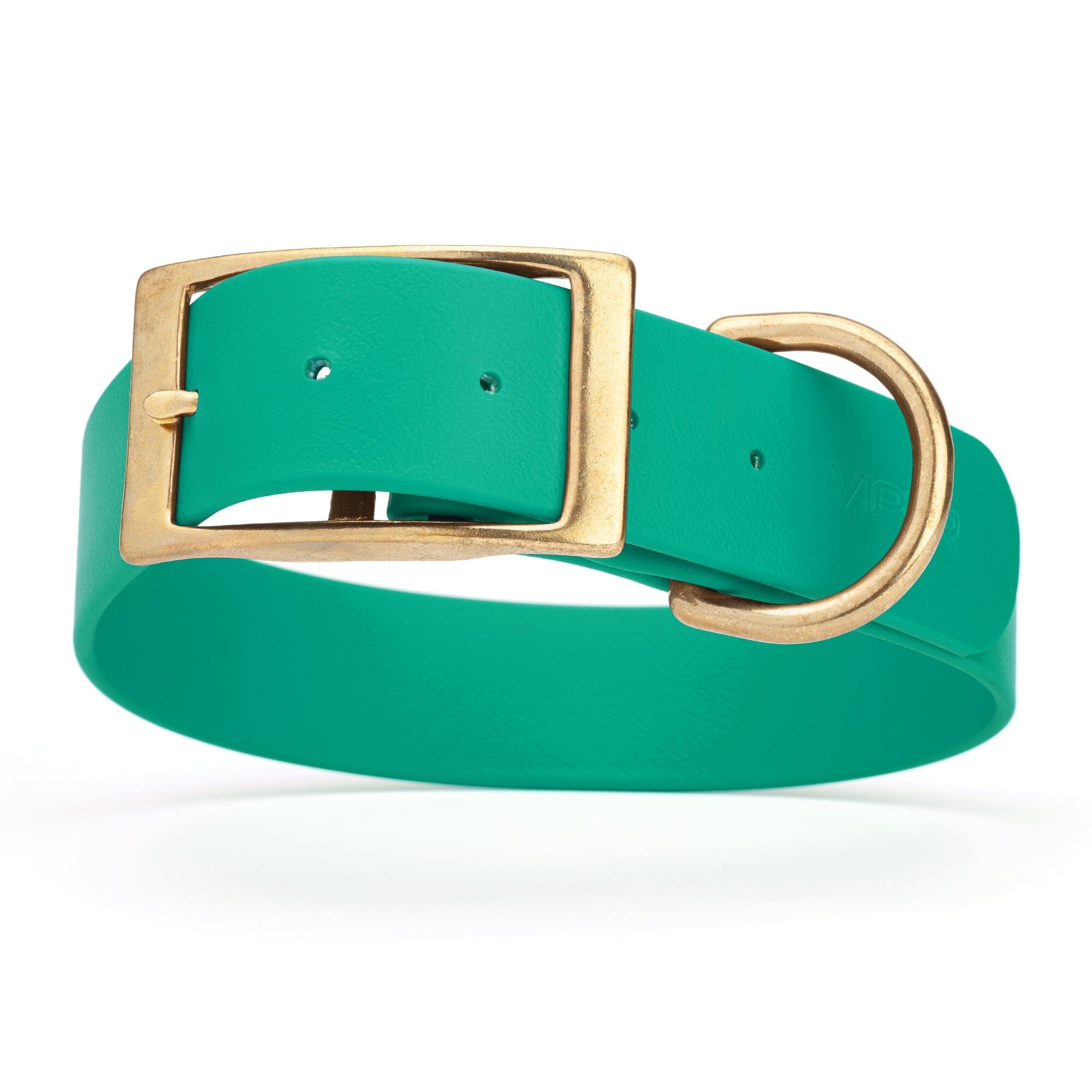 teal green and gold biothane waterproof dog and cat collar with brass metal buckle hardware in size XXL that's 1.5 inches wide, 24-28" long and looks like vegan faux leather.