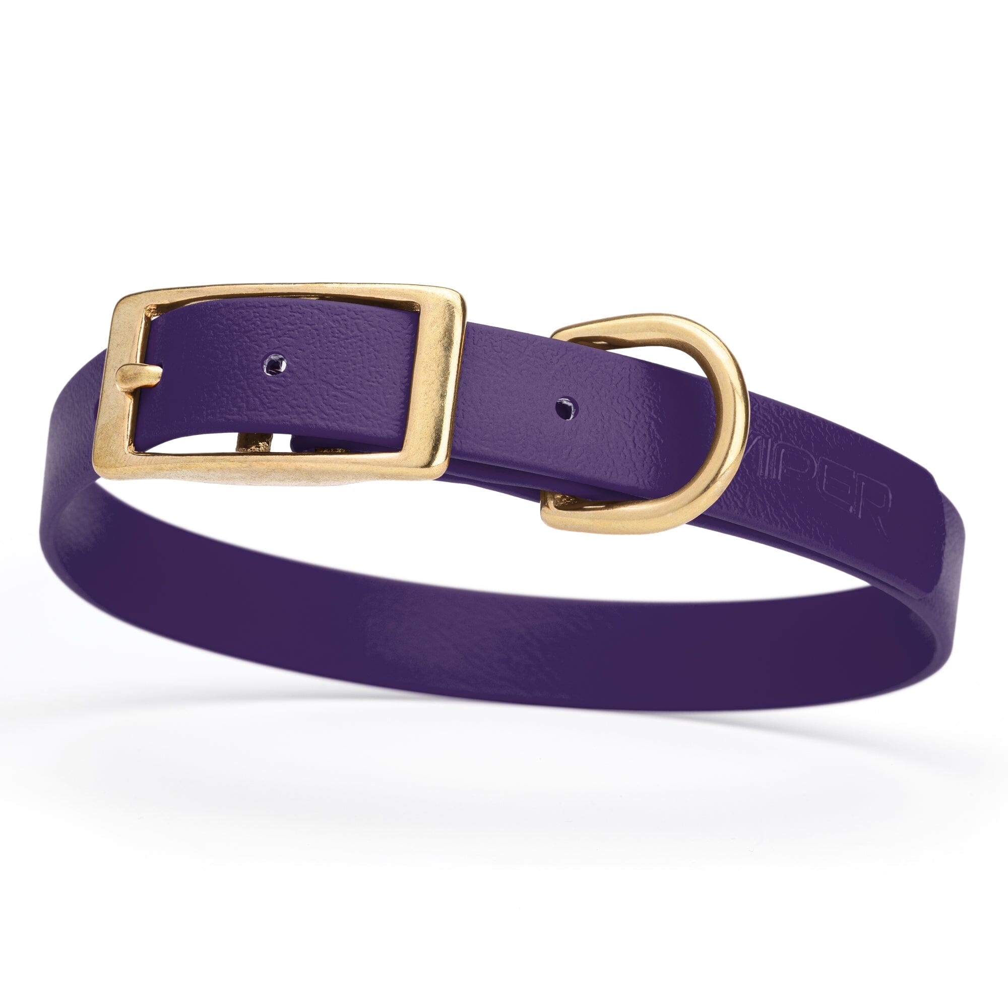 eggplant/dark purple and gold biothane waterproof dog and cat collar with brass metal buckle hardware in size medium that's 3/4 inch wide and looks like vegan faux leather.