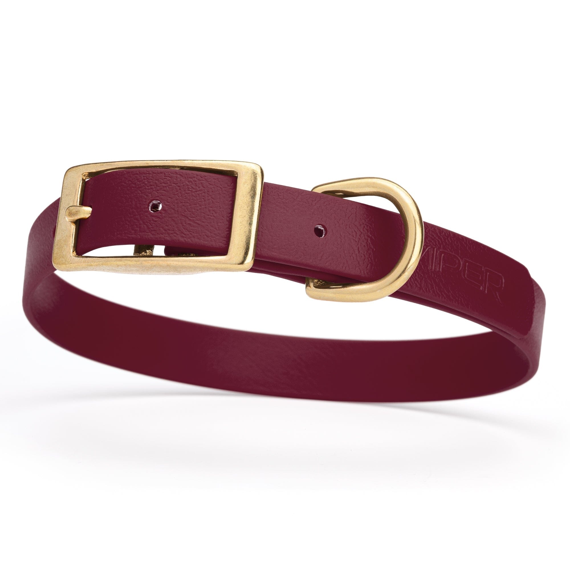 maroon burgundy and gold biothane waterproof dog and cat collar with brass metal buckle hardware in size medium that's 3/4 inch wide and looks like vegan faux leather.