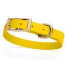 yellow and gold biothane waterproof dog and cat collar with brass metal buckle hardware in size small that's 5/8 inch wide and looks like vegan faux leather.