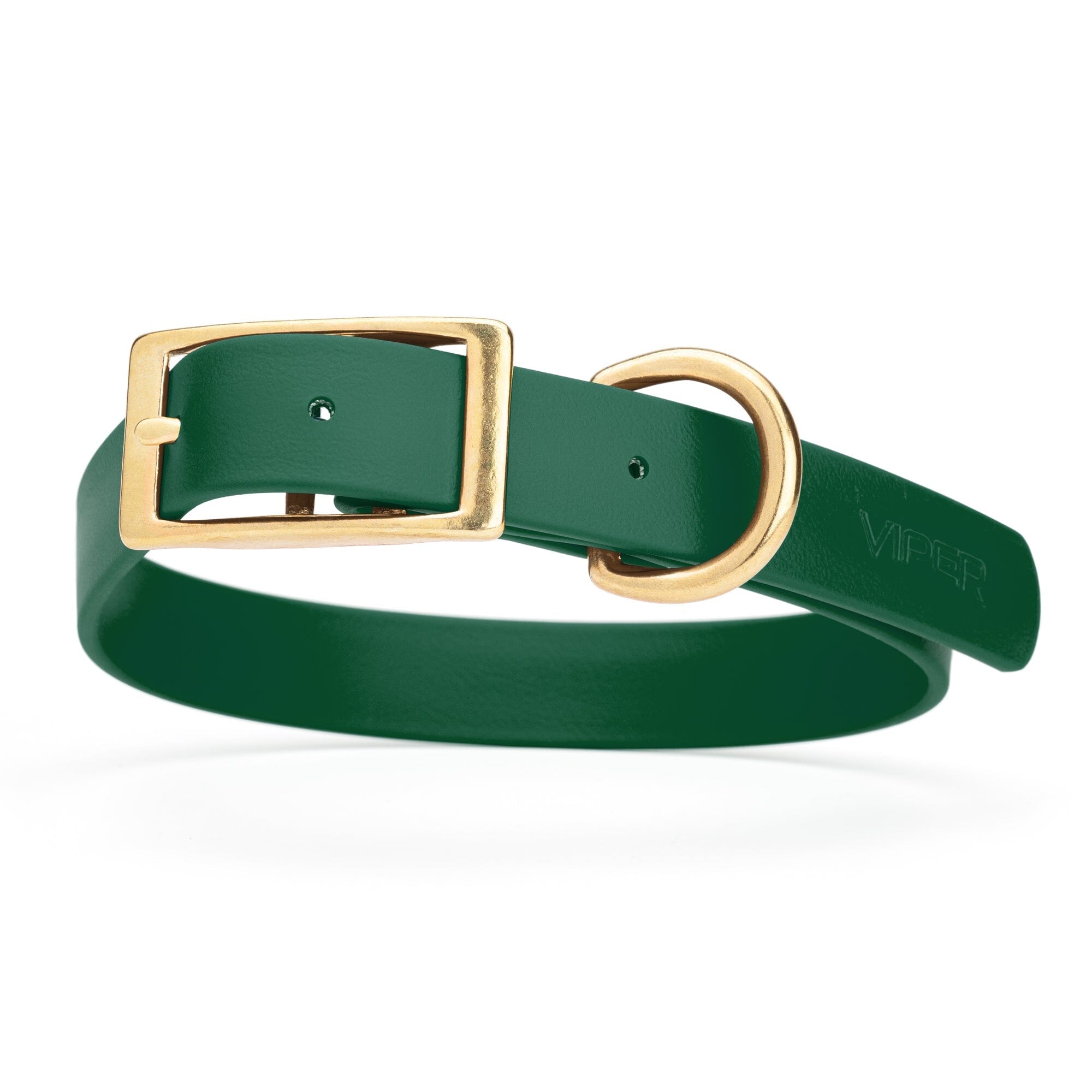 dark green and gold biothane waterproof dog and cat collar with brass metal buckle hardware in size extra large that's 1 inch wide, 22-25" long and looks like vegan faux leather.