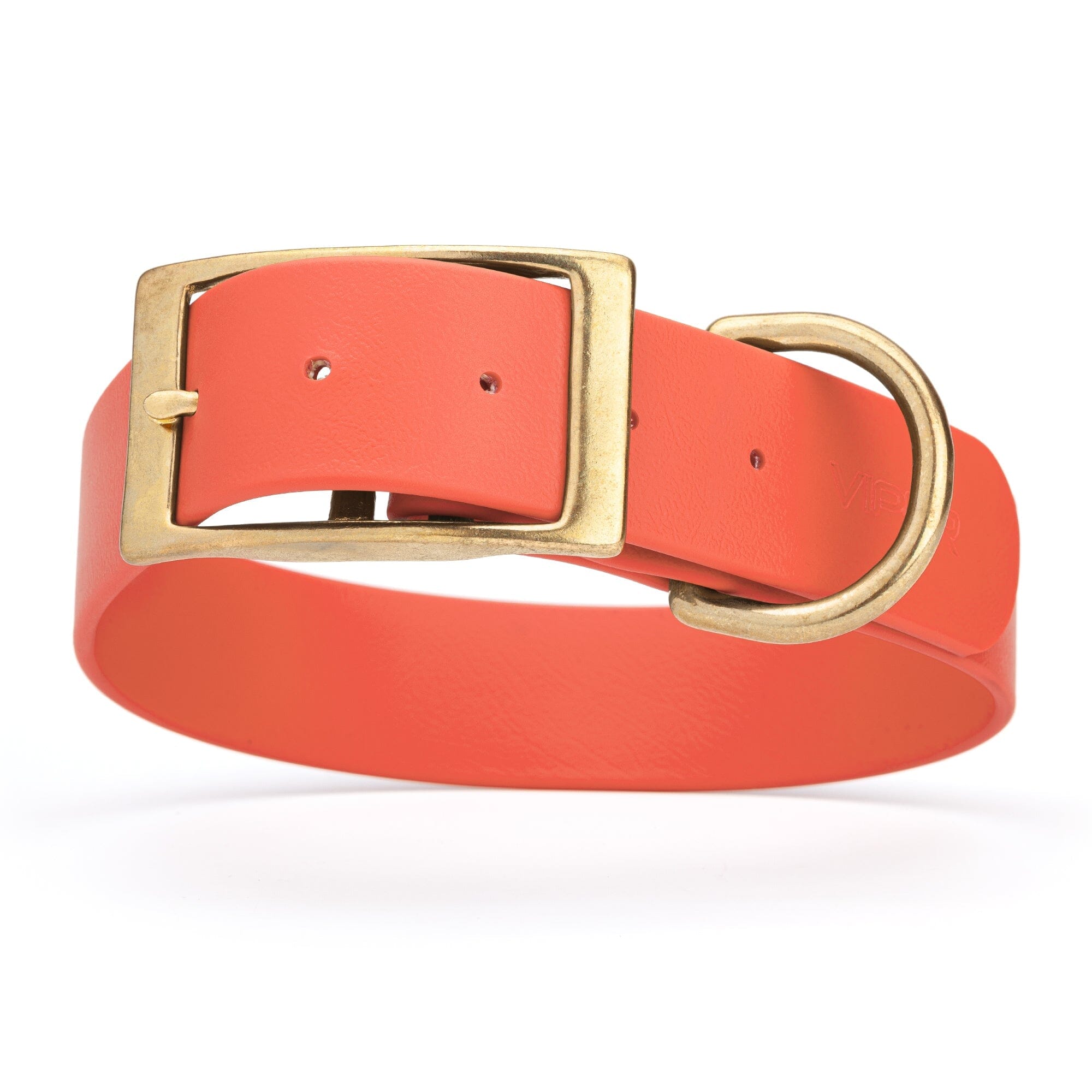coral/terracotta/orange and gold biothane waterproof dog and cat collar with brass metal buckle hardware in size XXL that's 1.5 inches wide, 24-28" long and looks like vegan faux leather.