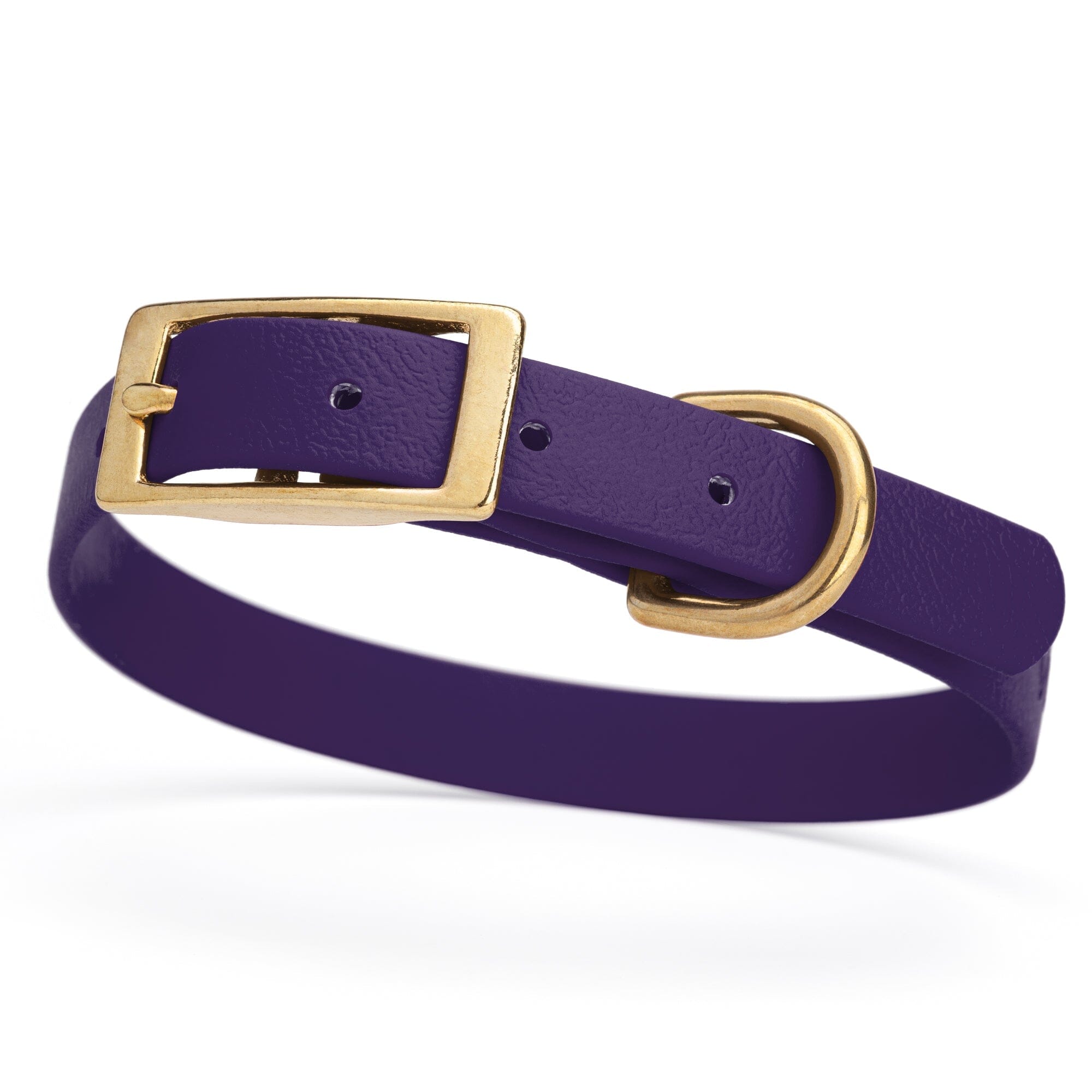 dark purple eggplant and gold biothane waterproof dog and cat collar with brass metal buckle hardware in size small that's 5/8 inch wide and looks like vegan faux leather.