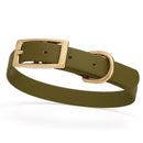 olive green and gold biothane waterproof dog and cat collar with brass metal buckle hardware in size small that's 5/8 inch wide and looks like vegan faux leather.