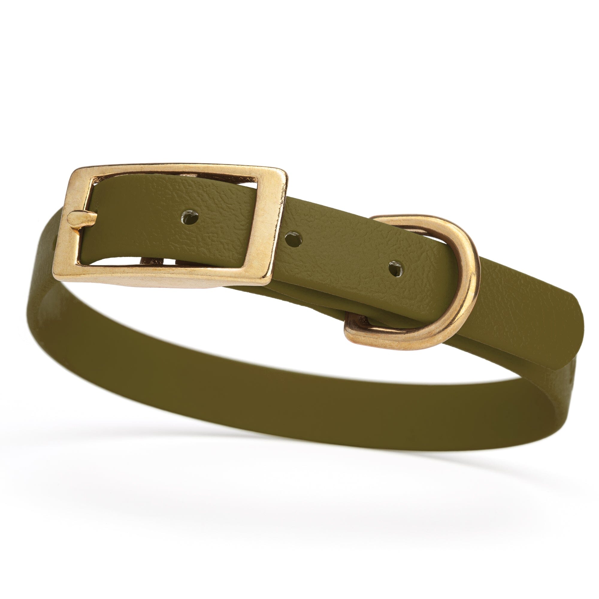 olive green and gold biothane waterproof dog and cat collar with brass metal buckle hardware in size small that's 5/8 inch wide and looks like vegan faux leather.